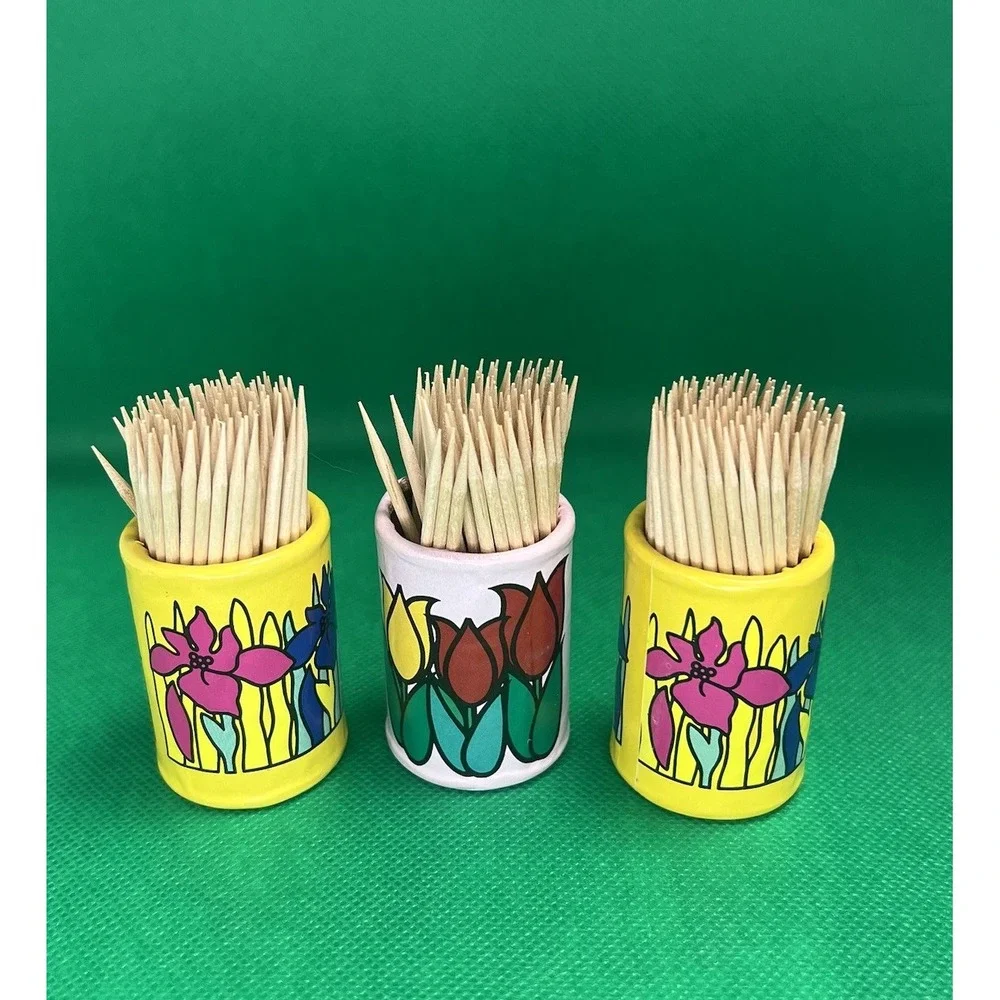 Vtg Toothpick Holder‎ Lot Of 3 Floral Paper Set Mod Boho